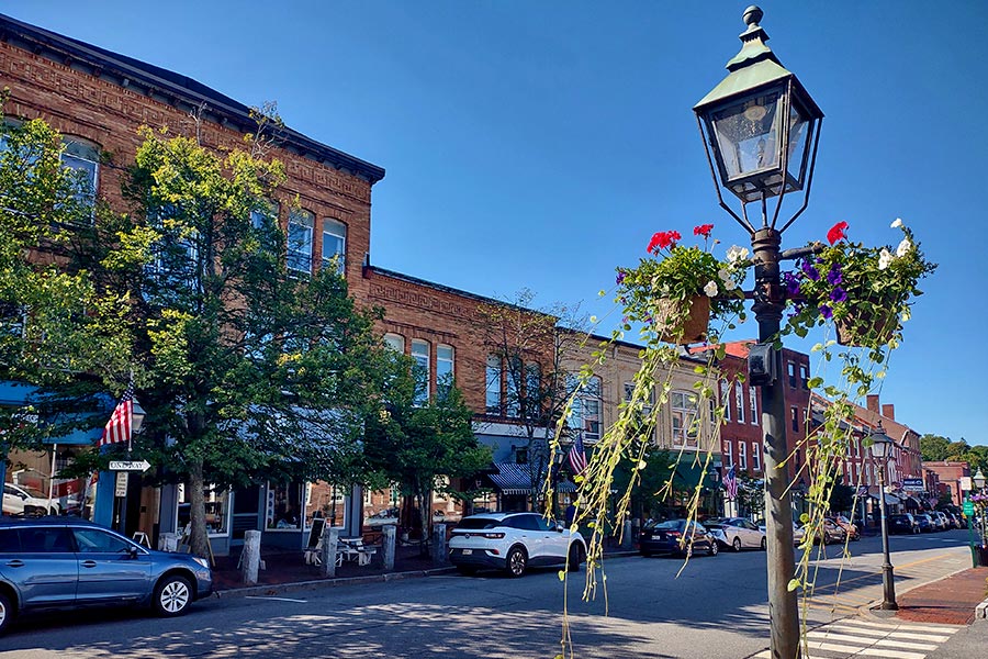 Downtown Bath Maine shops in spring